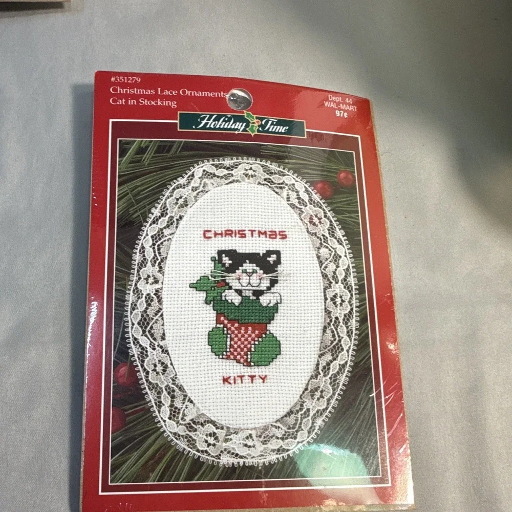 Holiday Time Cat in Stocking Christmas Lace Ornament Cross Stitch Kit 351279